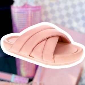 #273 New Cross Over Pink Women's Crisscross Puffy Padded Slides Sandals 11